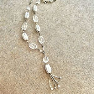 Chico’s 36” silver tone tassle necklace w/clear and white stones. Lightweight!
